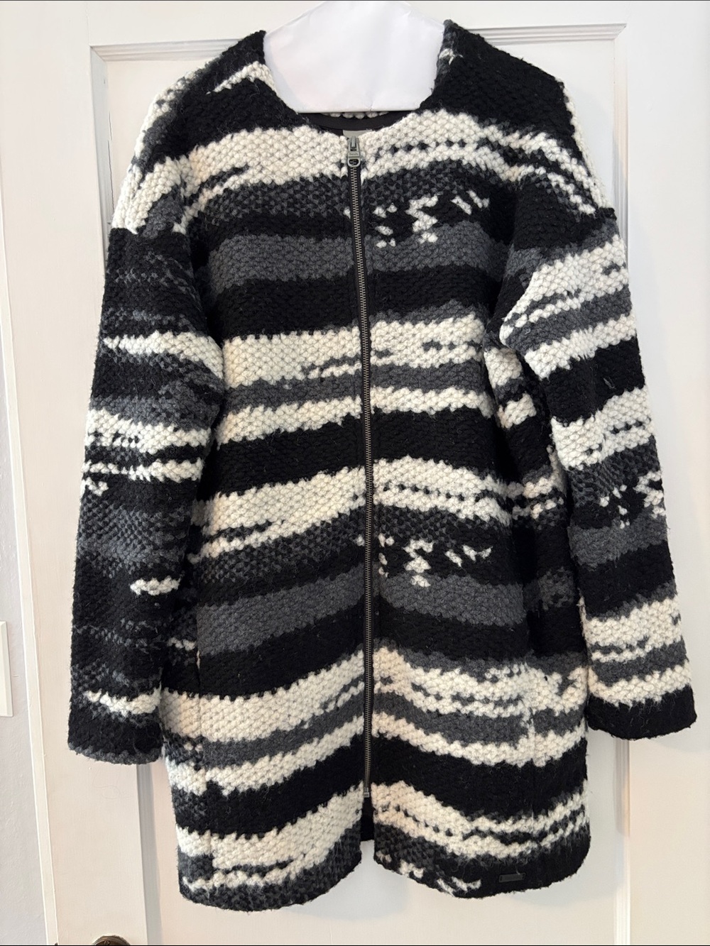 Bench Striped Knit Zip-Front Coat in Black, Gray & White